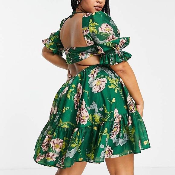 ASOS Tie Front Mini Dress in Textured Voile Art Nouveau Green Floral Size 10 - Picture 6 of 16